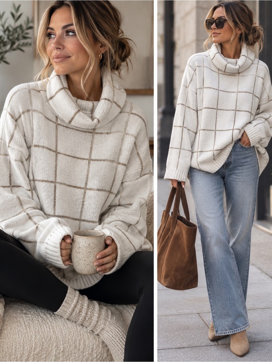 Sweaters - Oversized Cream Windowpane Cowl Neck Sweater L/XL Minimalist Preppy